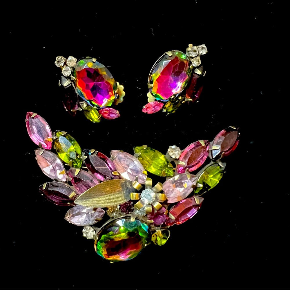 Alice Caviness Watermelon Heliotrope Brooch & Clip Earring Set Rare Unsigned
